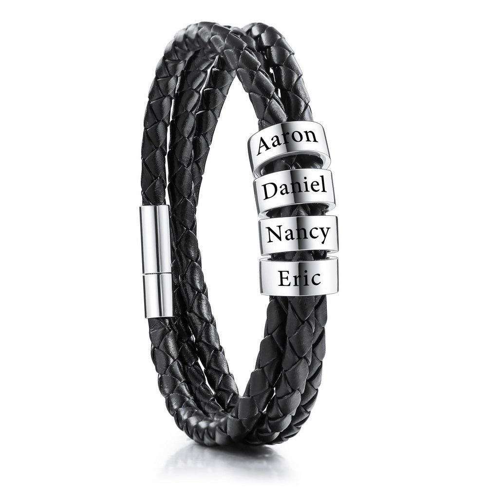 Braided Leather Bracelet with Custom Beads in Stainless Steel-JUUR Personalized Jewelry