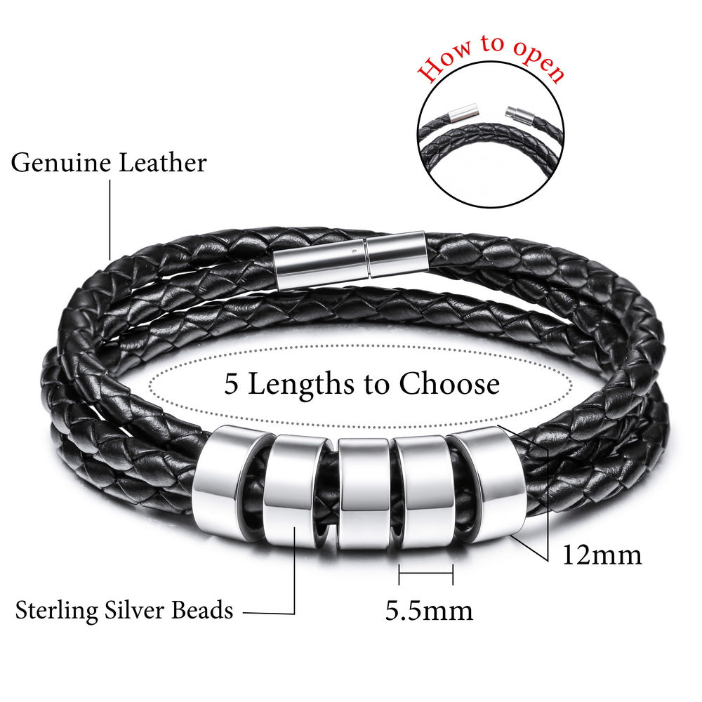 Braided Leather Bracelet with Custom Beads in Stainless Steel-JUUR Personalized Jewelry