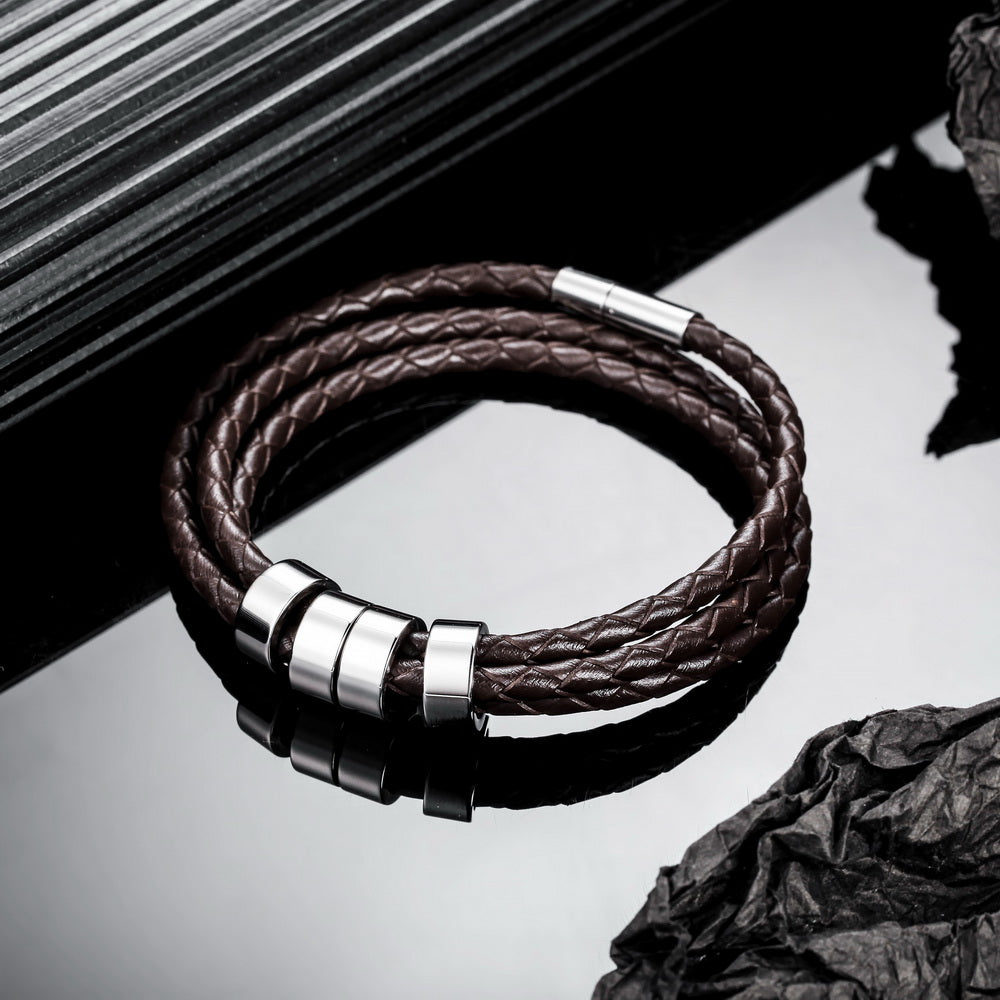 Braided Leather Bracelet with Custom Beads in Stainless Steel-JUUR Personalized Jewelry