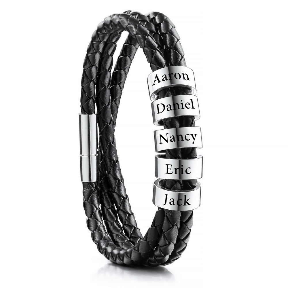 Braided Leather Bracelet with Custom Beads in Stainless Steel-JUUR Personalized Jewelry