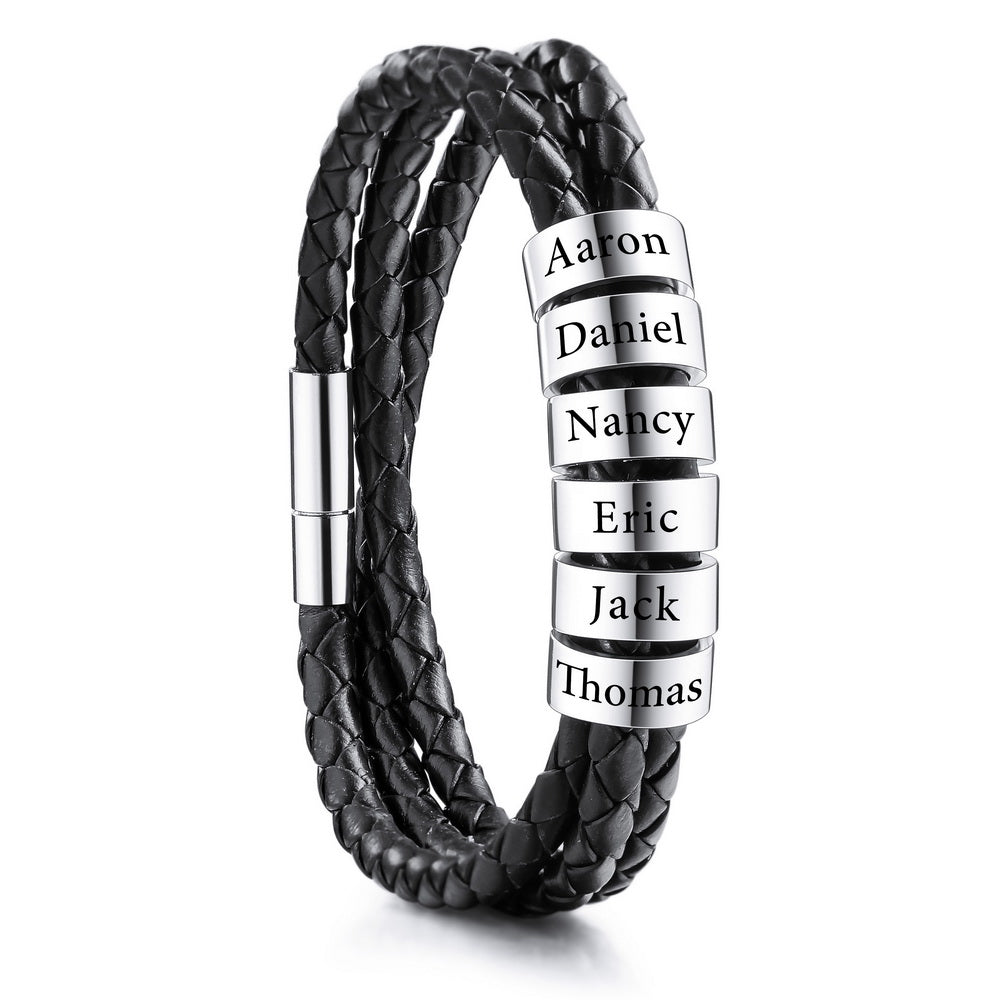 Braided Leather Bracelet with Custom Beads in Stainless Steel-JUUR Personalized Jewelry