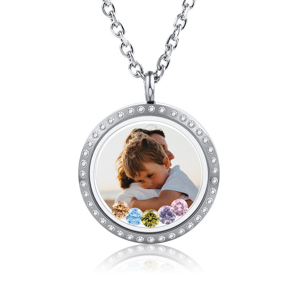 Personalized Photo Floating Charm Crystals Locket Necklace with Zirconia-JUUR Personalized Jewelry