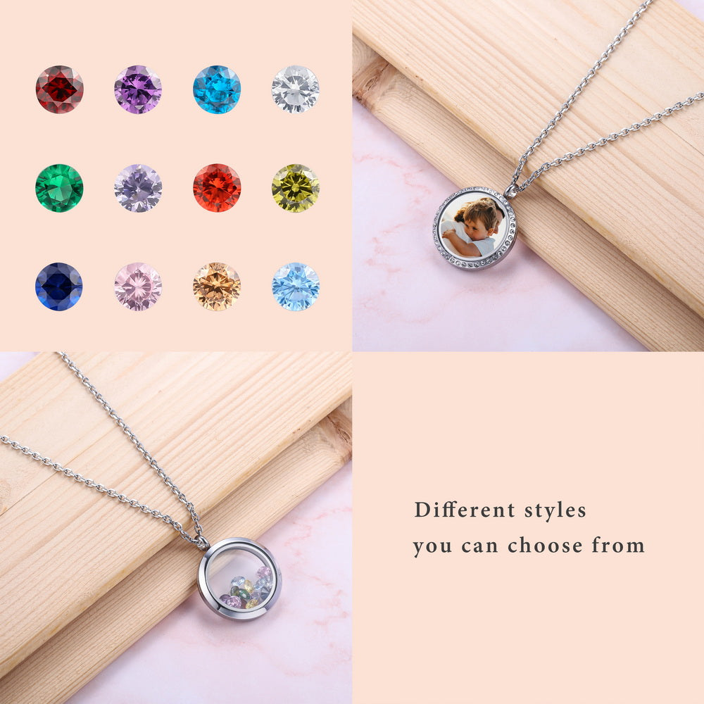 Personalized Photo Floating Charm Crystals Locket Necklace with Zirconia-JUUR Personalized Jewelry