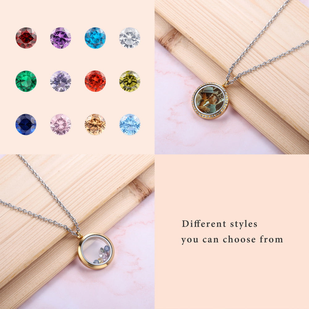 Personalized Photo Floating Charm Crystals Locket Necklace with Zirconia-JUUR Personalized Jewelry