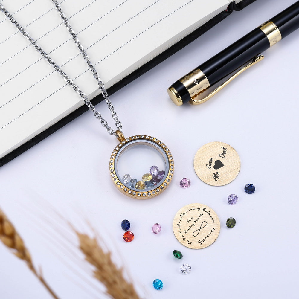 Personalized Text Floating Charm Crystals Locket Necklace with Zirconia-JUUR Personalized Jewelry