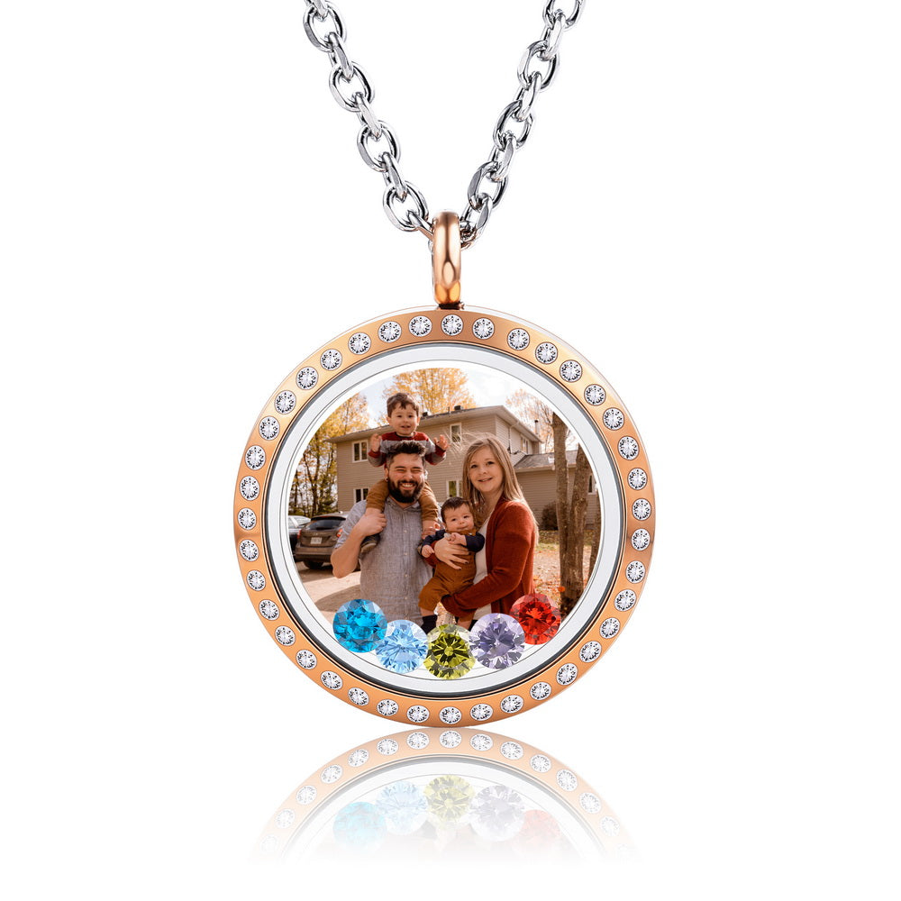 Personalized Photo Floating Charm Crystals Locket Necklace with Zirconia-JUUR Personalized Jewelry