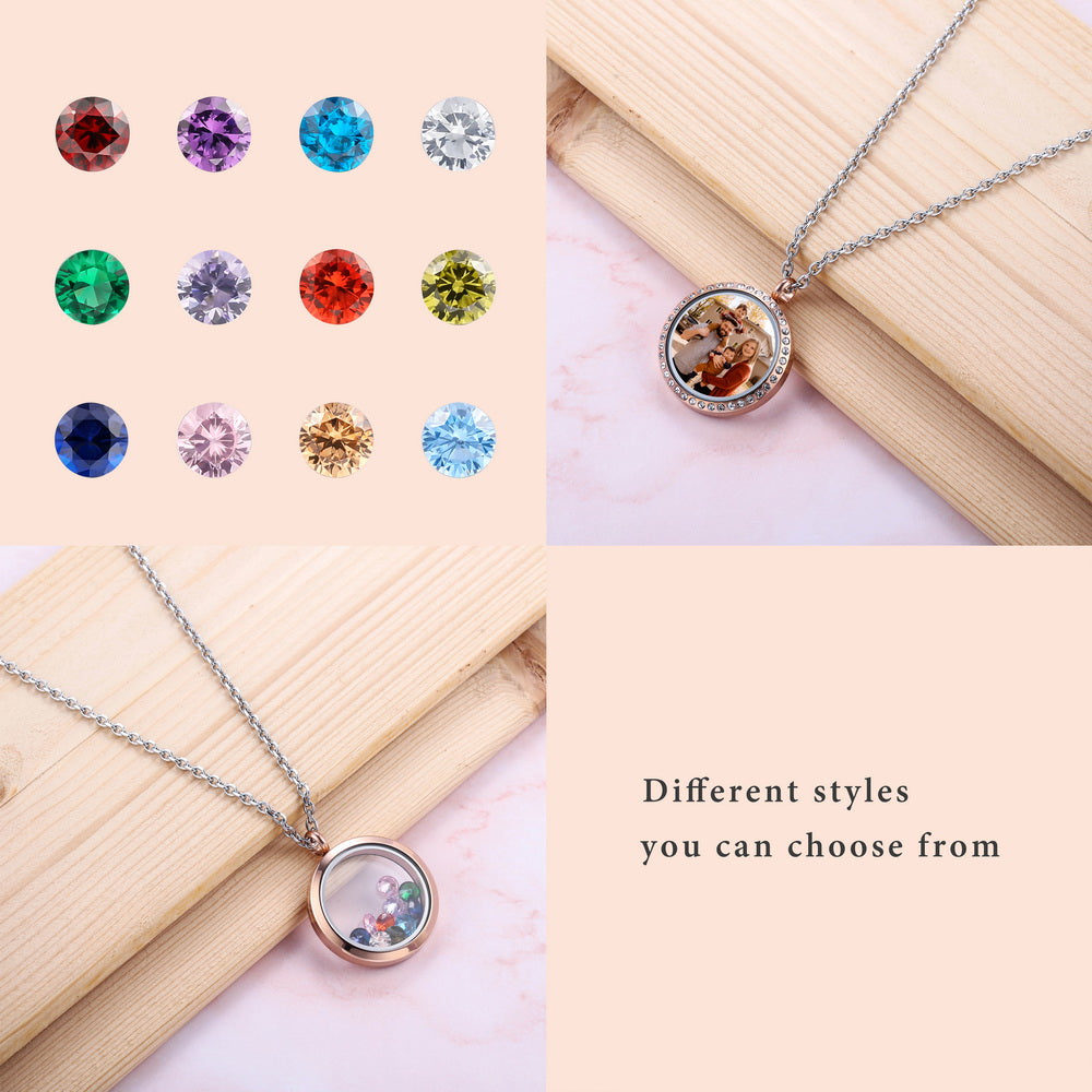 Personalized Photo Floating Charm Crystals Locket Necklace with Zirconia-JUUR Personalized Jewelry