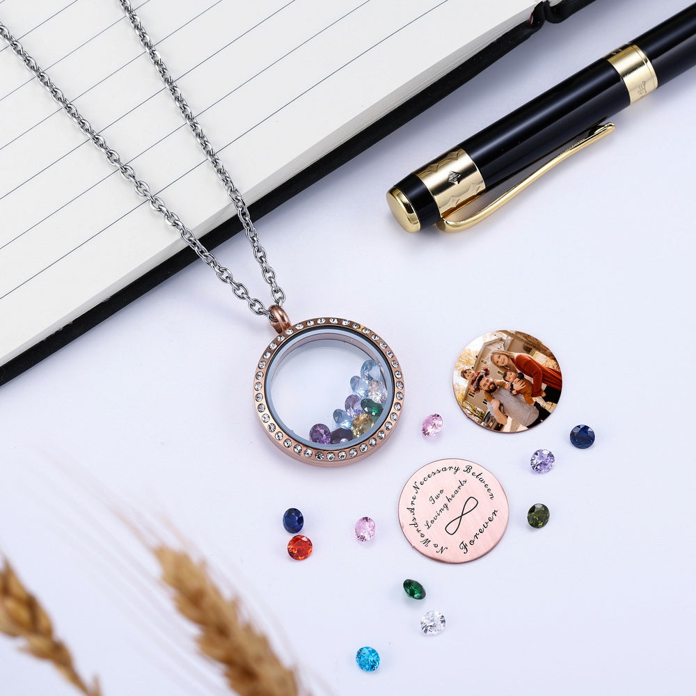 Personalized Photo Floating Charm Crystals Locket Necklace with Zirconia-JUUR Personalized Jewelry