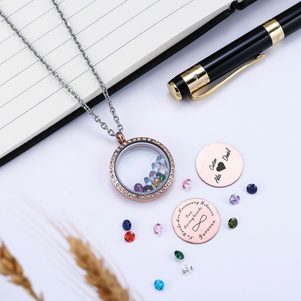 Personalized Text Floating Charm Crystals Locket Necklace with Zirconia-JUUR Personalized Jewelry