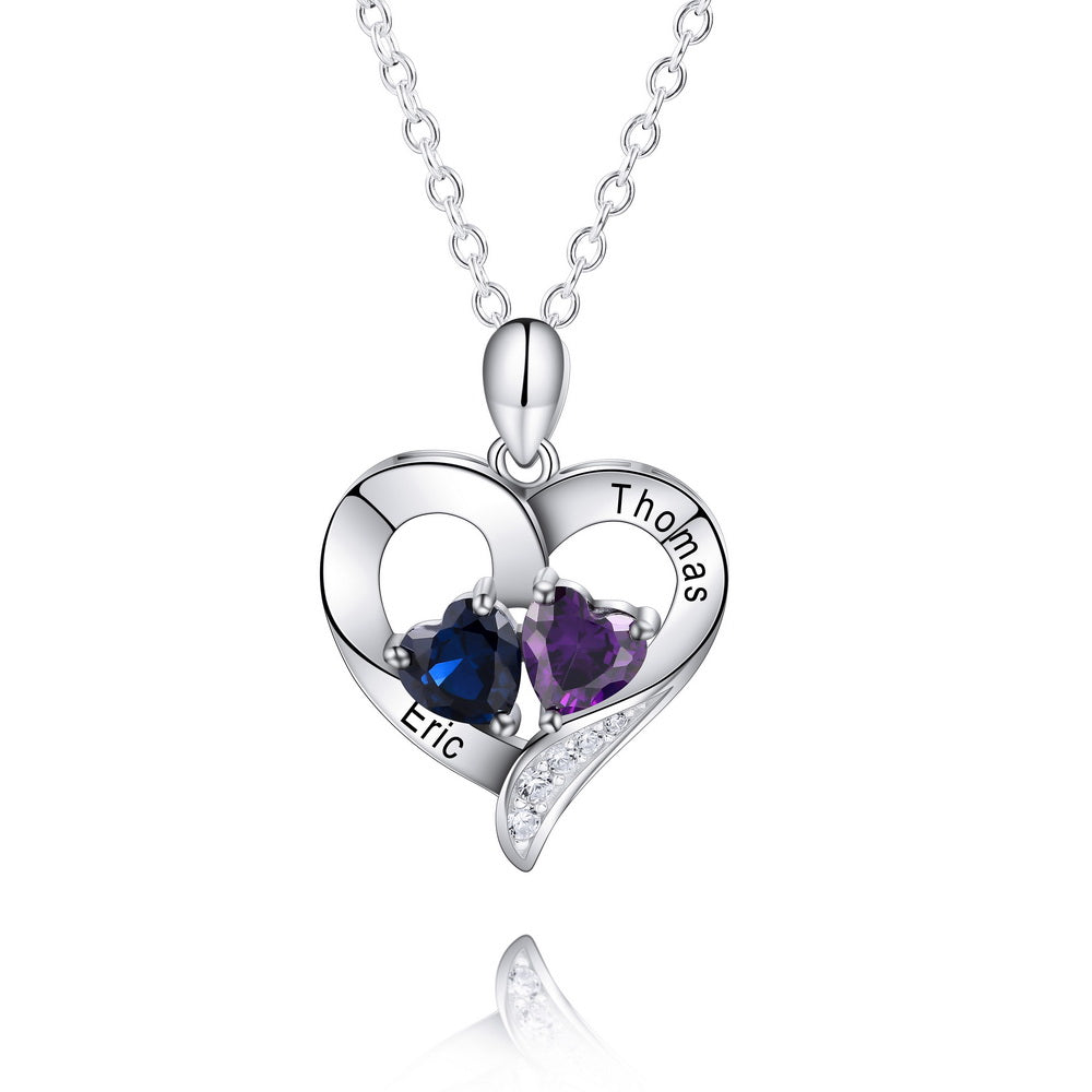 Personalized Engraved Names Heart Necklace 925 Sterling Silver with 2 Birthstones-JUUR Personalized Jewelry