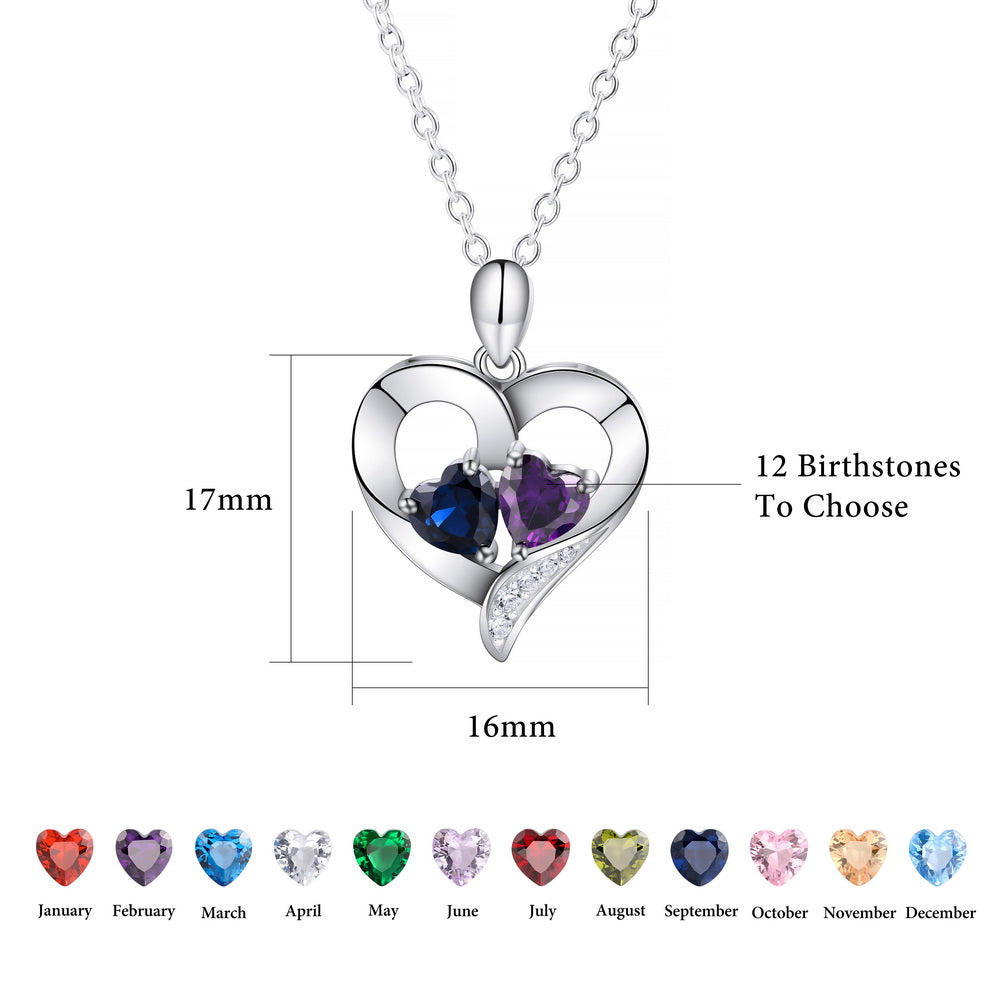 Personalized Engraved Names Heart Necklace 925 Sterling Silver with 2 Birthstones-JUUR Personalized Jewelry