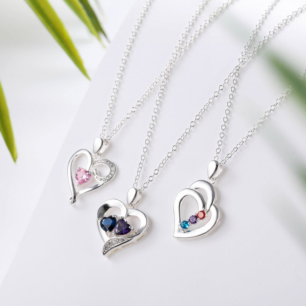 Personalized Engraved Names Heart Necklace 925 Sterling Silver with 2 Birthstones-JUUR Personalized Jewelry