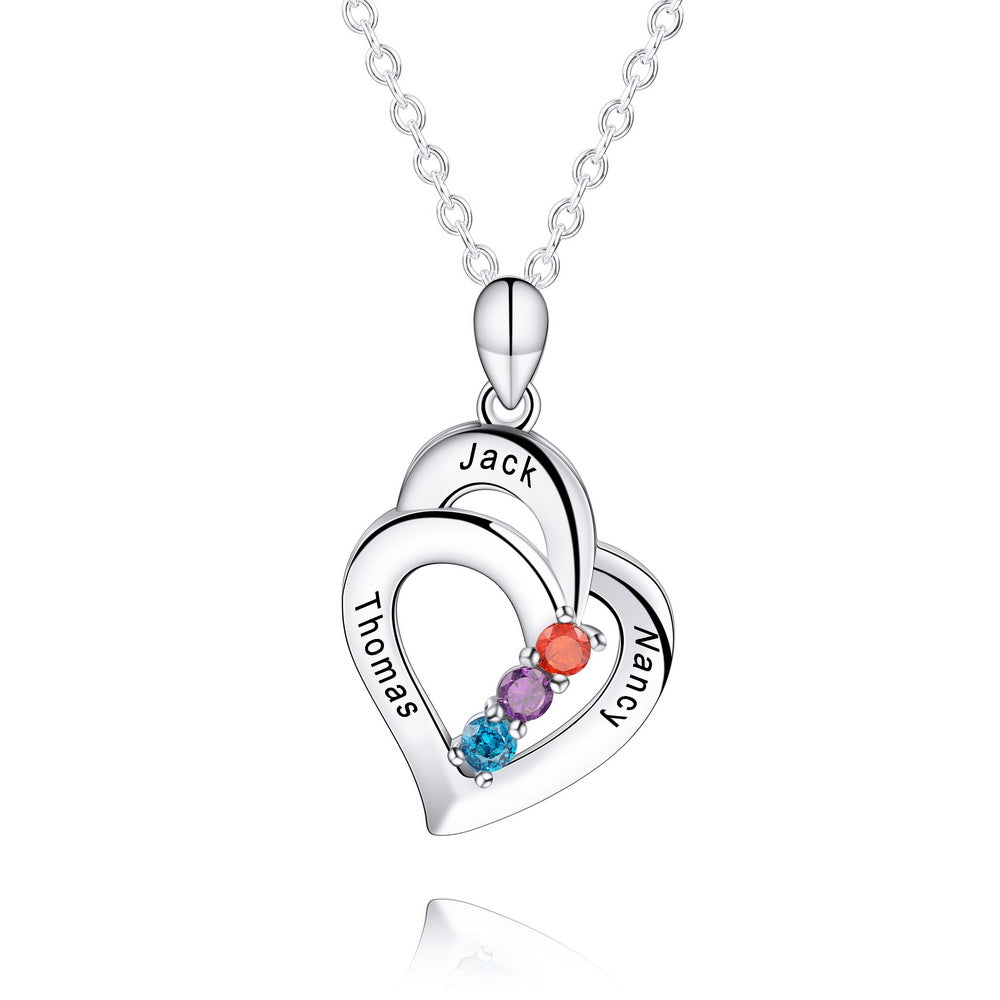 Personalized Engraved Names Heart Necklace 925 Sterling Silver with 3 Birthstones-JUUR Personalized Jewelry