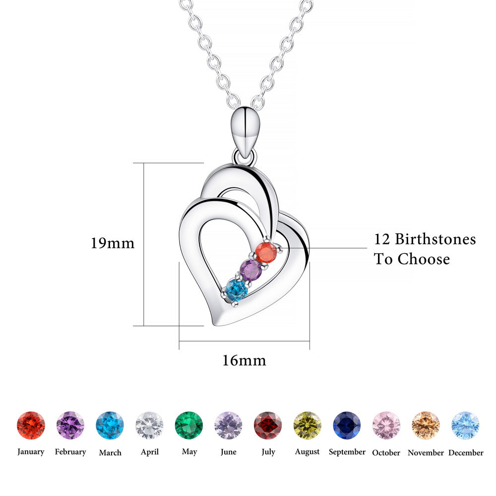 Personalized Engraved Names Heart Necklace 925 Sterling Silver with 3 Birthstones-JUUR Personalized Jewelry