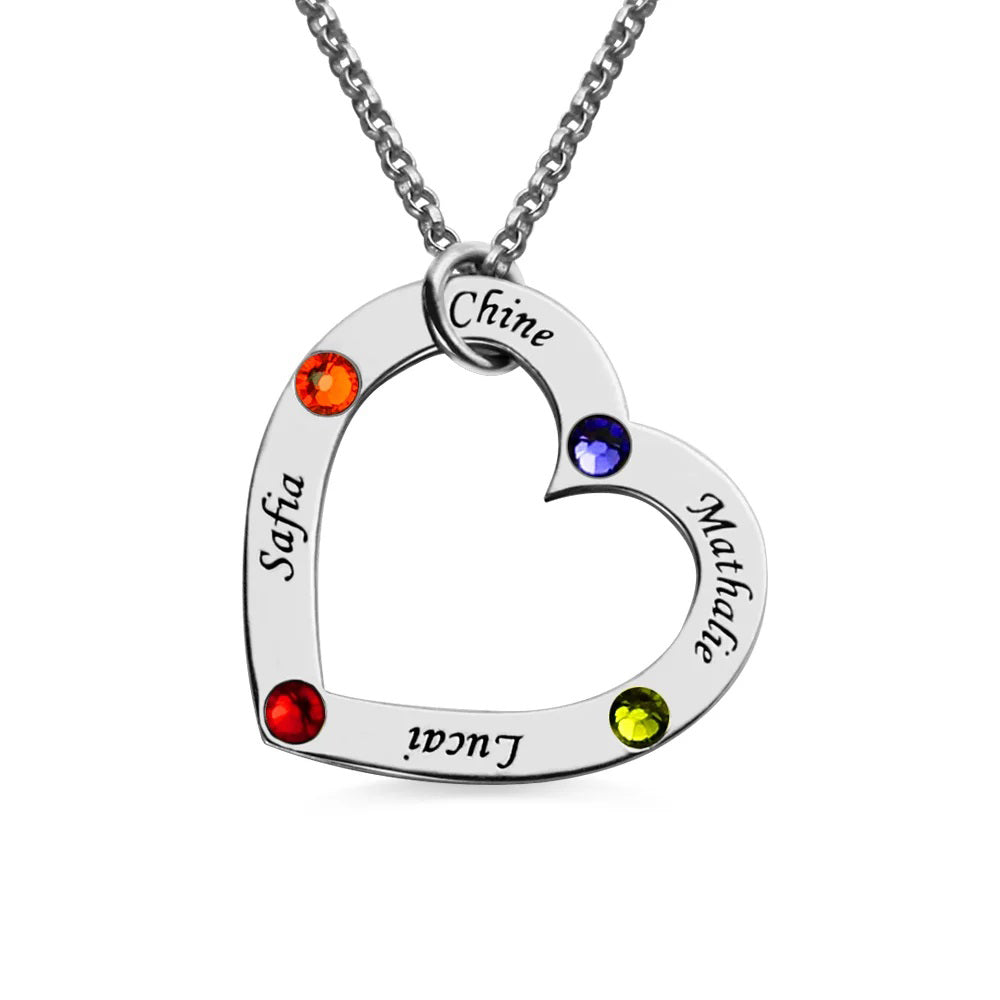 Mother's Heart Necklace Engraved with 4 Names and Birthstones 925 Sterling Silver-JUUR Personalized Jewelry