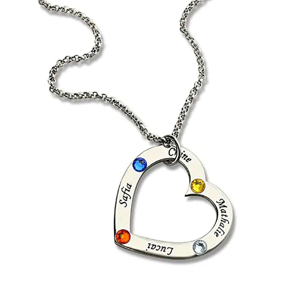 Mother's Heart Necklace Engraved with 4 Names and Birthstones 925 Sterling Silver-JUUR Personalized Jewelry