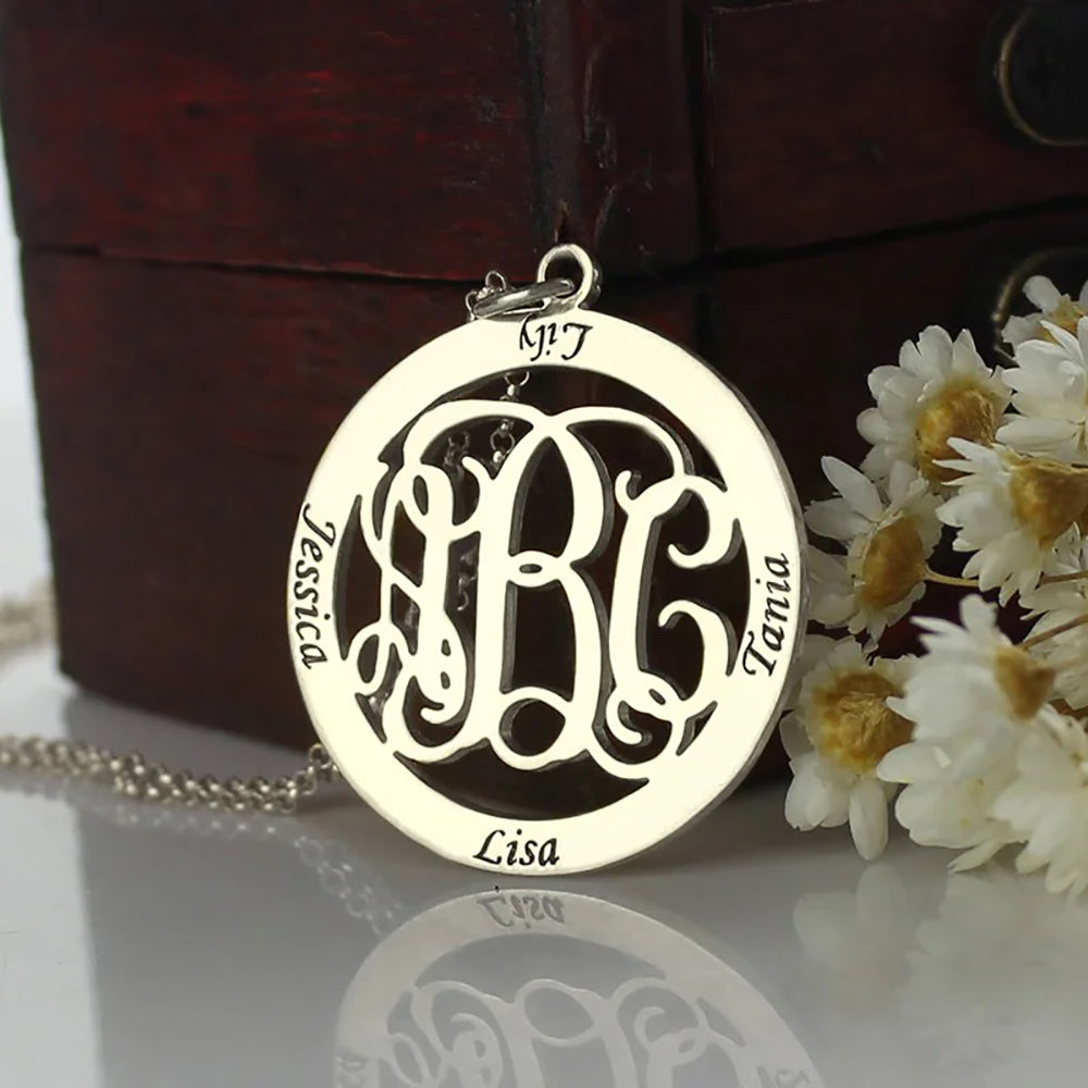 Custom Initial Circle Monogram Pendant Necklace Sterling Silver - NG24
