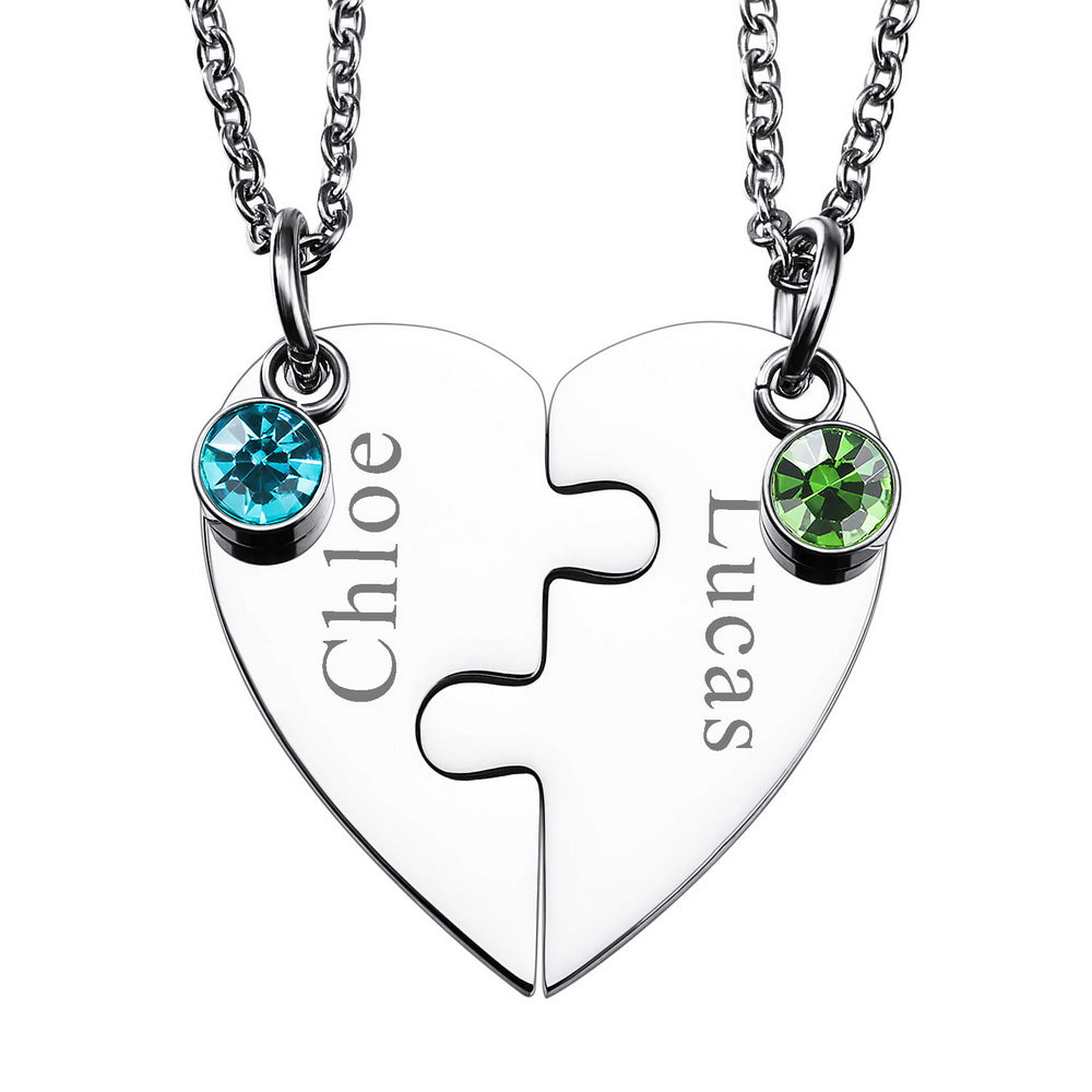 Personalized Heart Pendant Jigsaw Puzzle Necklace for 2/3/4/5 Pieces with Birthstones-JUUR Personalized Jewelry