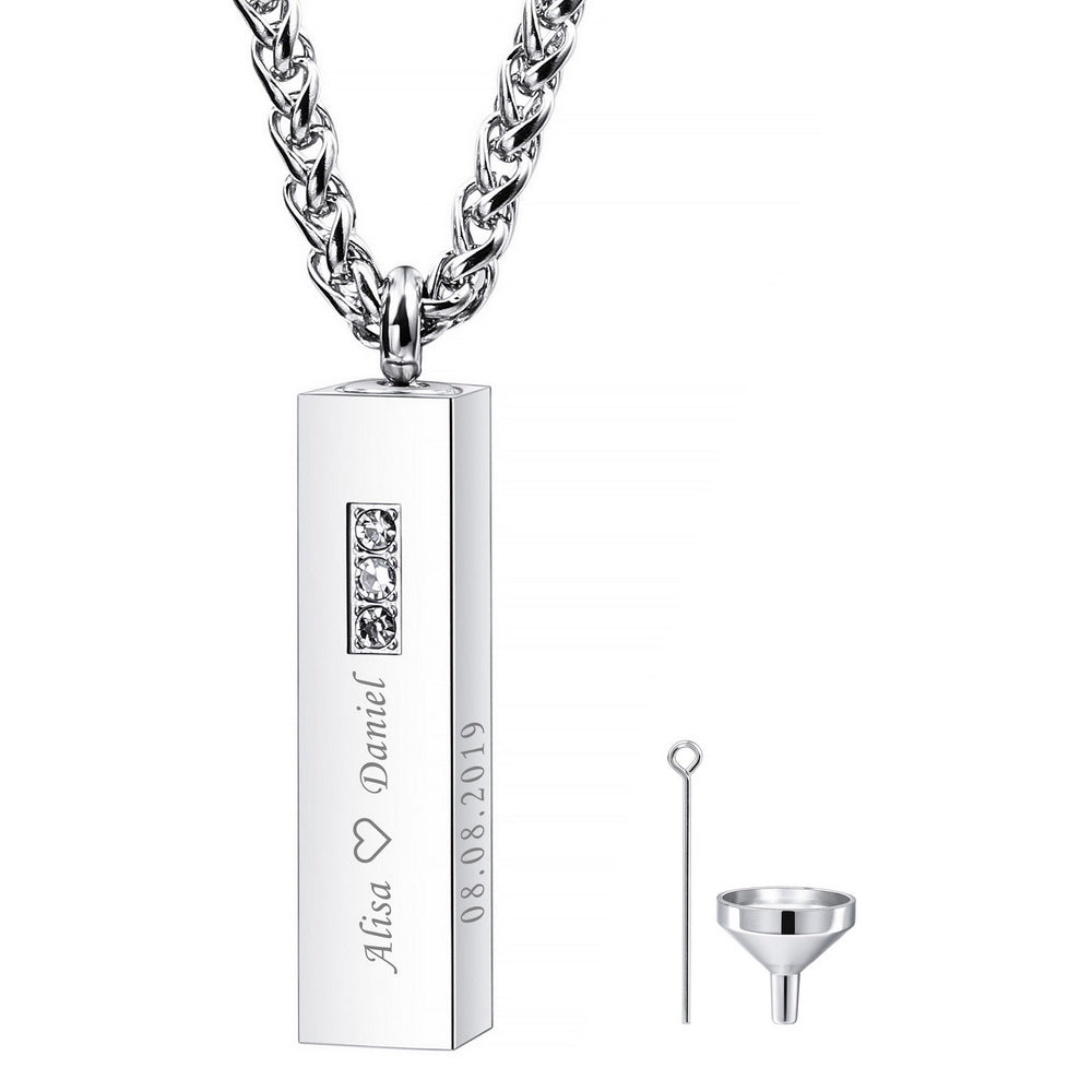 Personalized 3D Vertical Cuboid Bar Pendant Urn Necklace Engraving Name/Date-JUUR Personalized Jewelry