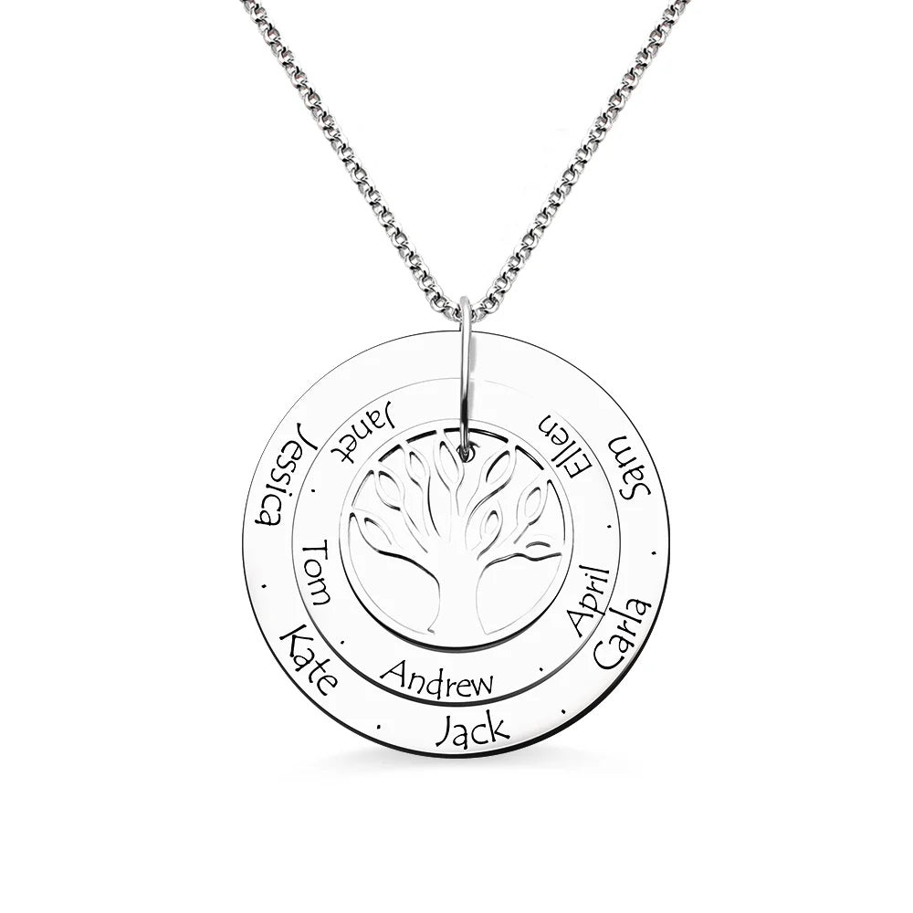 Personalized 925 Sterling Silver Disc Family Tree Name Necklace for Grandma/Mother-JUUR Personalized Jewelry