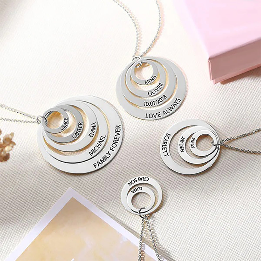 Personalized Engraved Family Stacked Circle Necklace Sterling Silver-JUUR Personalized Jewelry