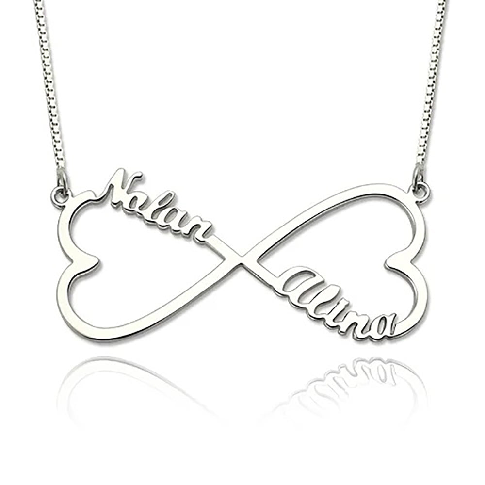 Personalized 2 Hearts & Names Infinity Necklace in Sterling Silver-JUUR Personalized Jewelry