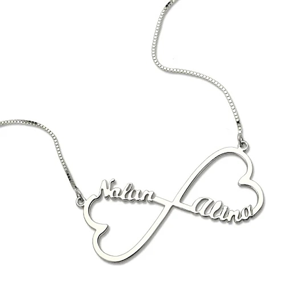 Personalized 2 Hearts & Names Infinity Necklace in Sterling Silver-JUUR Personalized Jewelry