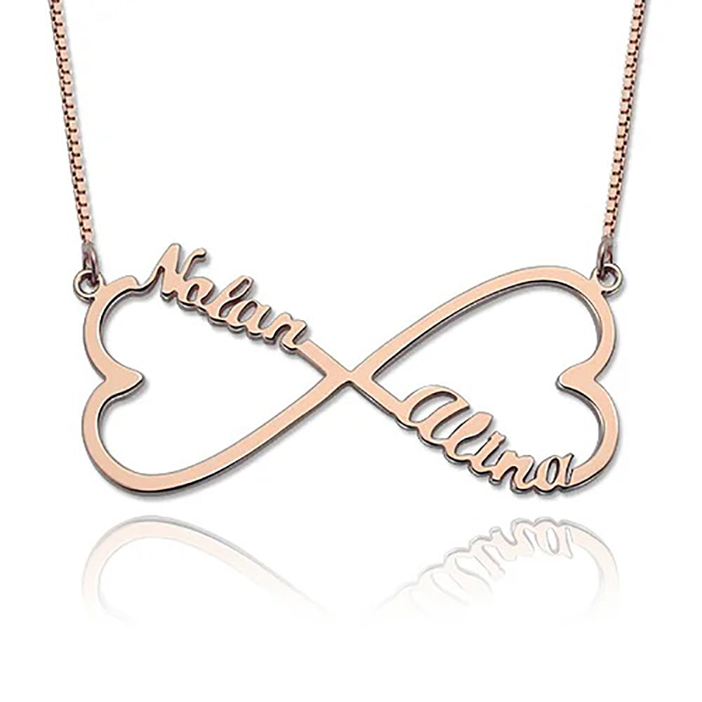 Personalized 2 Hearts & Names Infinity Necklace in Sterling Silver-JUUR Personalized Jewelry