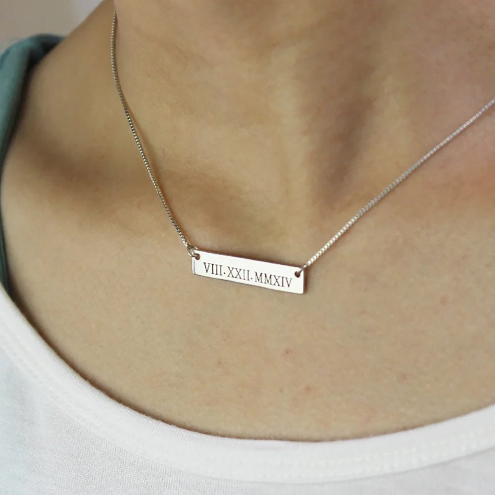 Personalized Bar Necklace, Engravable Bar Pendant with Name/Date/Coordinate-JUUR Personalized Jewelry