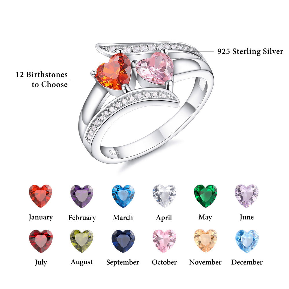 Personalized 925 Sterling Silver Ring with Two Heart Birthstones-JUUR Personalized Jewelry