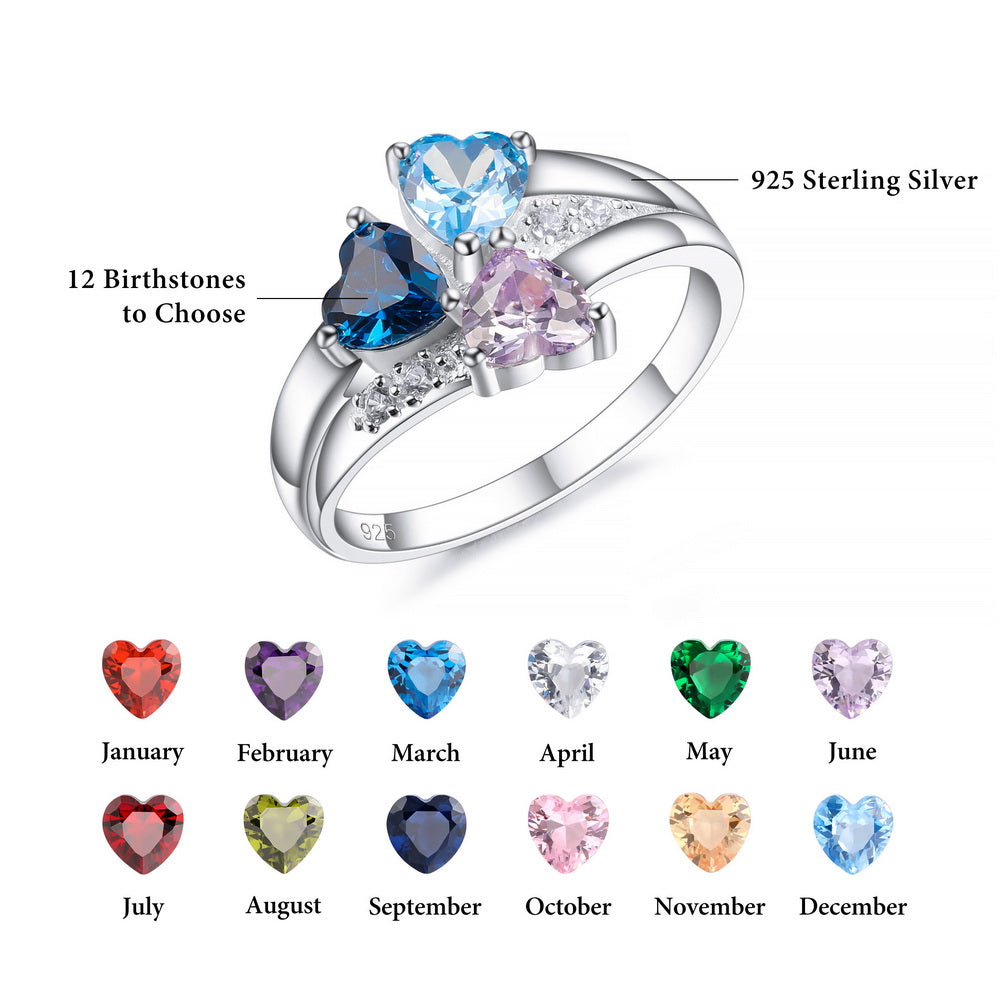 Personalized 925 Sterling Silver Ring with Three Heart Birthstones-JUUR Personalized Jewelry