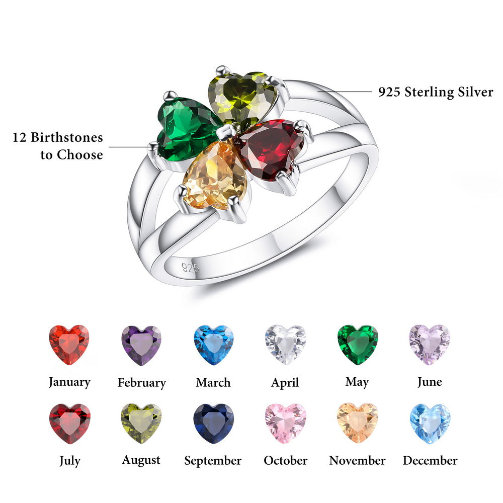 Personalized 925 Sterling Silver Ring with Four Heart Birthstones-JUUR Personalized Jewelry